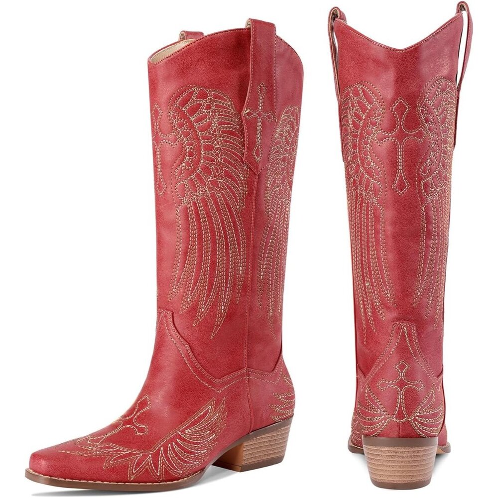 ⚡Womens Red Faux Leather Knee High Cowboy Chunky Heel Tall Western Boots - Picture 2 of 9
